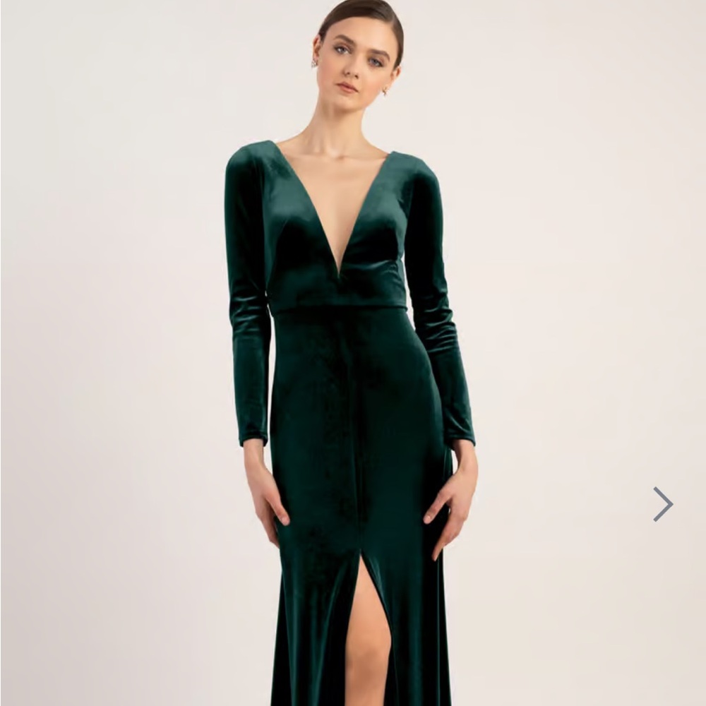 Jenny Yoo Emerald Green Velvet Long Sleeve V-Neck Gown